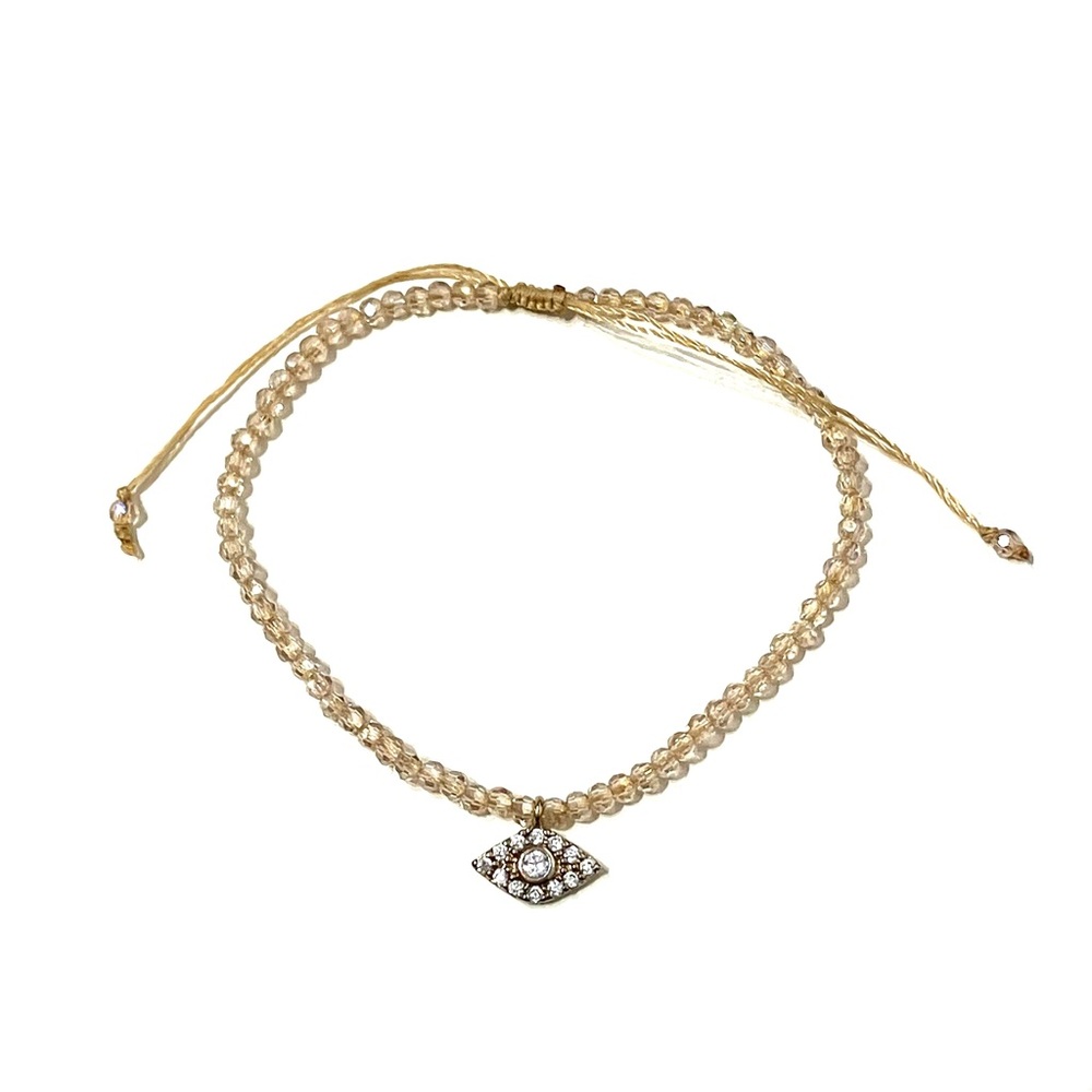 Evil Eye Beige Crystal Bead Drawstring Bracelet